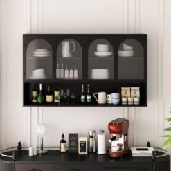 47.25 In. 4-door Glass Wall Cabinet Storage, Wall-mounted, Suitable For Kitchen, Living Room, Bathroom(Black) -FURITURE SALE SHOP black tahanbath pantry organizers z w757p205949 44 1000