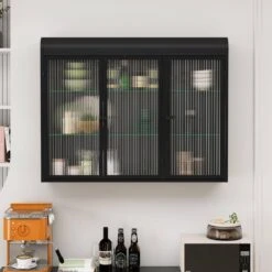 3-Door Arched Wall Mounted Glass Cabinets For Kitchen, Living Room And Bathroom (Black) -FURITURE SALE SHOP black tahanbath pantry organizers z w757p221501 76 1000