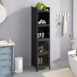 Modern Black 4-Tier Glass Door Cabinet With 5-Tier Storage, For Entryway, Living Room, Bathroom, Dining Room -FURITURE SALE SHOP black tahanbath pantry organizers z w757p241562 76 1000