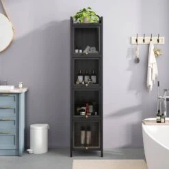 Modern Black 4-Tier Glass Door Cabinet With 5-Tier Storage, For Entryway, Living Room, Bathroom, Dining Room -FURITURE SALE SHOP black tahanbath pantry organizers z w757p241562 fa 1000