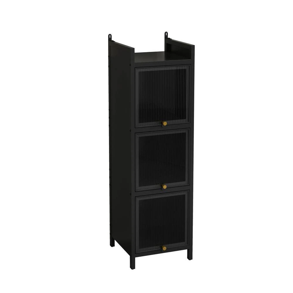 Modern 3-tier Glass Door Cabinet With Featuring 4-tier Storage, For Entryway Living Room, Black 4 Modern 3-tier Glass Door Cabinet With Featuring 4-tier Storage, For Entryway Living Room, Black - Image 4