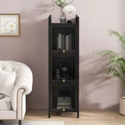 Modern 3-tier Glass Door Cabinet With Featuring 4-tier Storage, For Entryway Living Room, Black 12 Modern 3-tier Glass Door Cabinet With Featuring 4-tier Storage, For Entryway Living Room, Black -FURITURE SALE SHOP black tahanbath pantry organizers z w757p241564 fa 1000