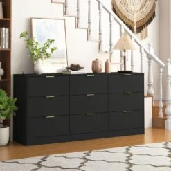 63 In. 9-Drawer Dresser: Large Deep Chest For Bedroom/Living Room In Black -FURITURE SALE SHOP black tahanbath pantry organizers z wf321489aak 31 1000