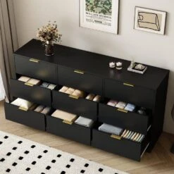 63 In. 9-Drawer Dresser: Large Deep Chest For Bedroom/Living Room In Black -FURITURE SALE SHOP black tahanbath pantry organizers z wf321489aak 44 1000