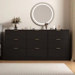63 In. 9-Drawer Dresser: Large Deep Chest For Bedroom/Living Room In Black -FURITURE SALE SHOP black tahanbath pantry organizers z wf321489aak 66 1000