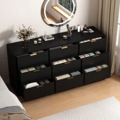 63 In. 9-Drawer Dresser: Large Deep Chest For Bedroom/Living Room In Black -FURITURE SALE SHOP black tahanbath pantry organizers z wf321489aak c3 1000