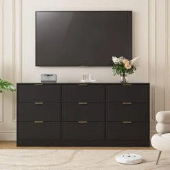 63 In. 9-Drawer Dresser: Large Deep Chest For Bedroom/Living Room In Black -FURITURE SALE SHOP black tahanbath pantry organizers z wf321489aak fa 1000