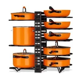 8-Tier Upgraded Pot Organizer Standing Pot Rack : Stores Pots, Pans & Lids, Ideal For Kitchen Cabinets In Black
