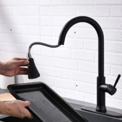 18.7 In. Single Handle Pull Down Sprayer Kitchen Faucet 360° Spout Swivel In Black -FURITURE SALE SHOP black tahanbath pull down kitchen faucets z w1932126990 1f 1000