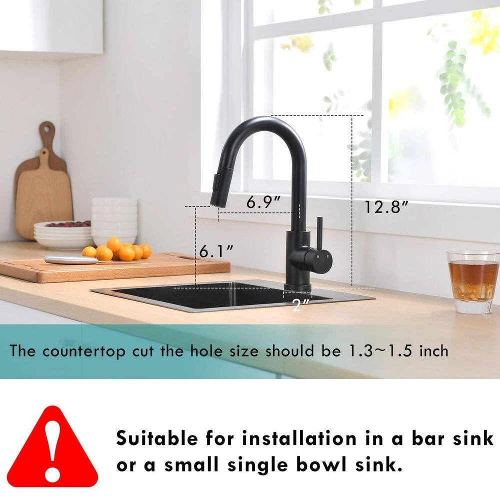 12.8 In. 360° Spout Swivel Black Kitchen Faucets With Pull Down Sprayer, Bathroom Sink Faucets Mini Bar Prep Faucet 4 12.8 In. 360° Spout Swivel Black Kitchen Faucets With Pull Down Sprayer, Bathroom Sink Faucets Mini Bar Prep Faucet - Image 4