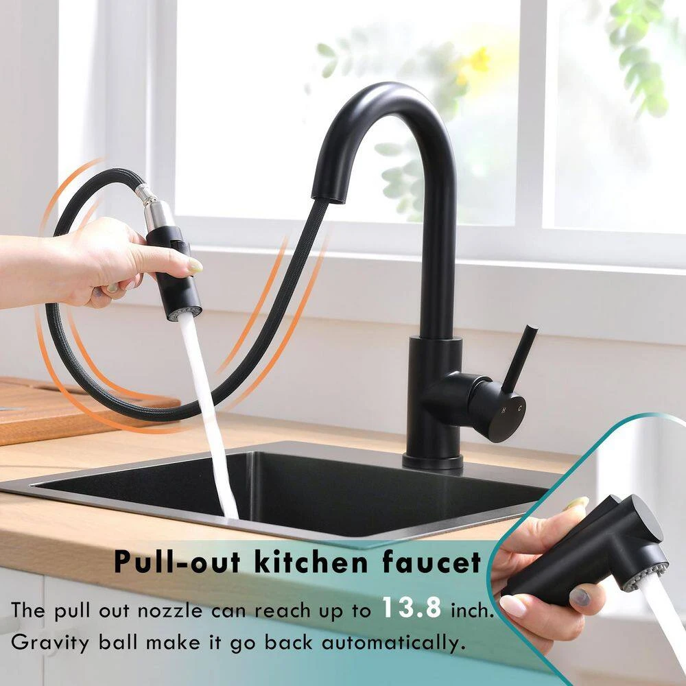 12.8 In. 360° Spout Swivel Black Kitchen Faucets With Pull Down Sprayer, Bathroom Sink Faucets Mini Bar Prep Faucet 2 12.8 In. 360° Spout Swivel Black Kitchen Faucets With Pull Down Sprayer, Bathroom Sink Faucets Mini Bar Prep Faucet - Image 2