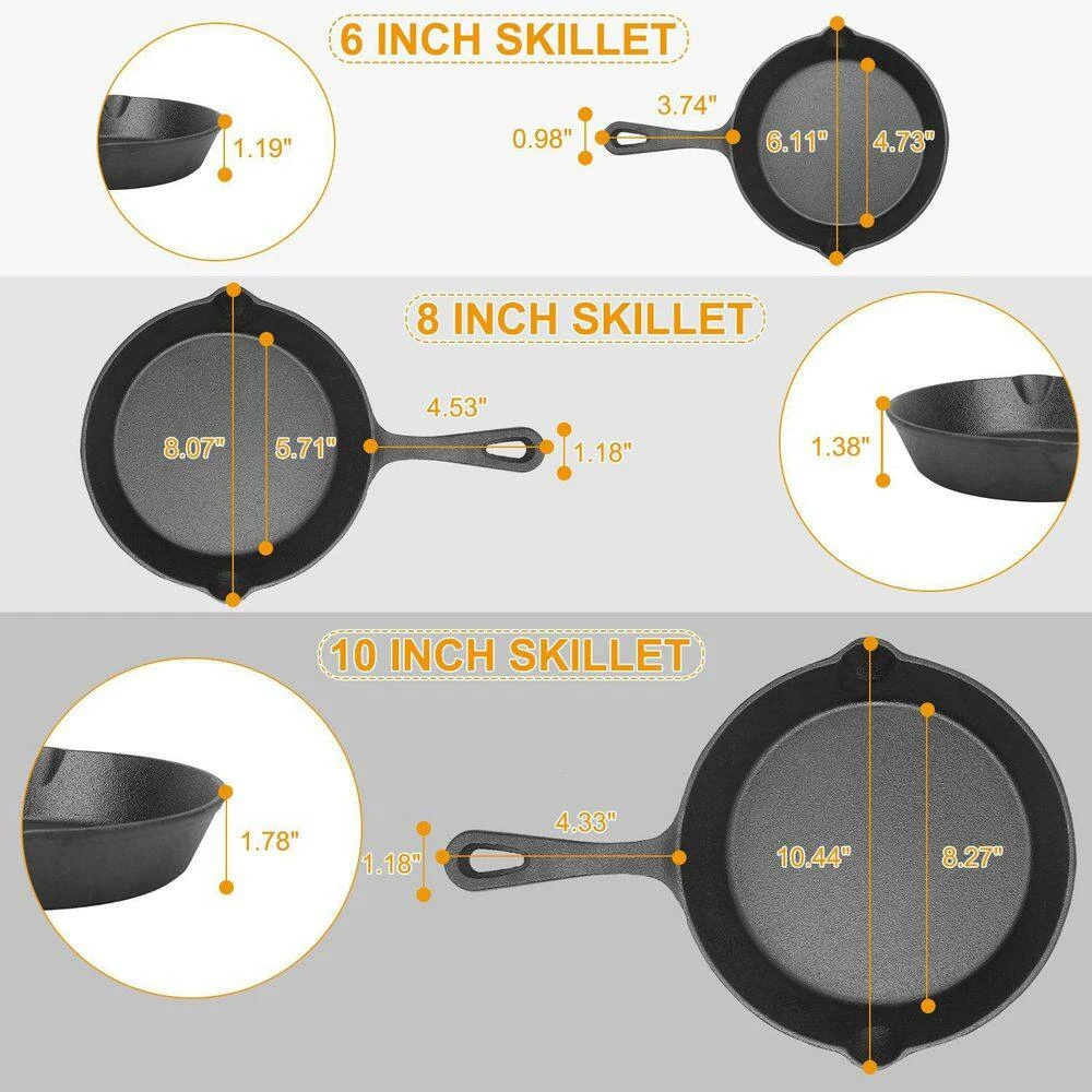 3-Piece Pre-Seasoned Cast Iron Skillet Set 6/8/10 In. Non-Stick Oven Safe Cookware Heat-Resistant Frying Pan 2 3-Piece Pre-Seasoned Cast Iron Skillet Set 6/8/10 In. Non-Stick Oven Safe Cookware Heat-Resistant Frying Pan - Image 2