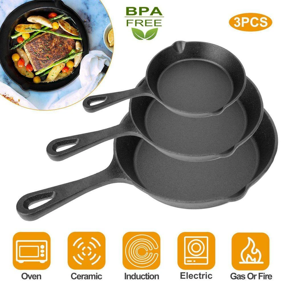 3-Piece Pre-Seasoned Cast Iron Skillet Set 6/8/10 In. Non-Stick Oven Safe Cookware Heat-Resistant Frying Pan 5 3-Piece Pre-Seasoned Cast Iron Skillet Set 6/8/10 In. Non-Stick Oven Safe Cookware Heat-Resistant Frying Pan - Image 5