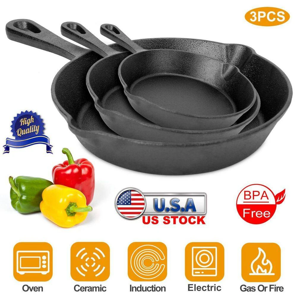 3-Piece Pre-Seasoned Cast Iron Skillet Set 6/8/10 In. Non-Stick Oven Safe Cookware Heat-Resistant Frying Pan 4 3-Piece Pre-Seasoned Cast Iron Skillet Set 6/8/10 In. Non-Stick Oven Safe Cookware Heat-Resistant Frying Pan - Image 4