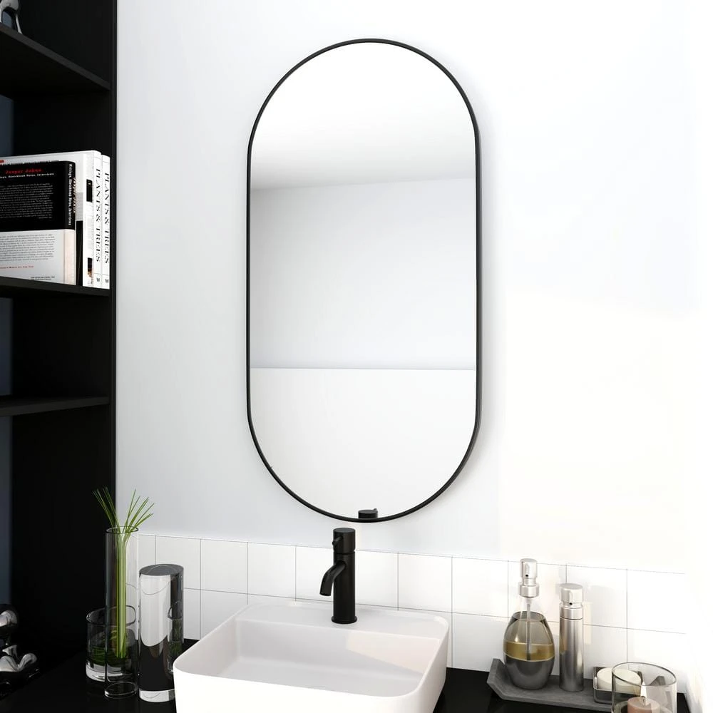 18 In. W X 35 In. H Oval Metal Framed Wall Bathroom Vanity Mirror In Black Framed 2 18 In. W X 35 In. H Oval Metal Framed Wall Bathroom Vanity Mirror In Black Framed - Image 2