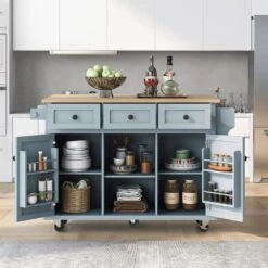 Blue Kitchen Cart With Rubber Wood Drop-Leaf Countertop, 3 Drawers, Cabinet Storage And 5 Wheels -FURITURE SALE SHOP blue tahanbath kitchen carts z wf298028aan 31 1000