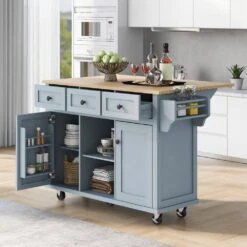 Blue Kitchen Cart With Rubber Wood Drop-Leaf Countertop, 3 Drawers, Cabinet Storage And 5 Wheels -FURITURE SALE SHOP blue tahanbath kitchen carts z wf298028aan 40 1000