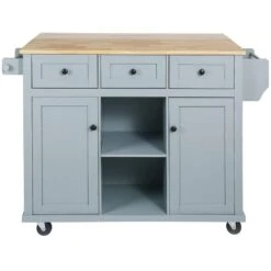 Blue Kitchen Cart With Rubber Wood Drop-Leaf Countertop, 3 Drawers, Cabinet Storage And 5 Wheels