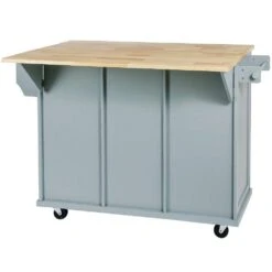 Blue Kitchen Cart With Rubber Wood Drop-Leaf Countertop, 3 Drawers, Cabinet Storage And 5 Wheels -FURITURE SALE SHOP blue tahanbath kitchen carts z wf298028aan 76 1000