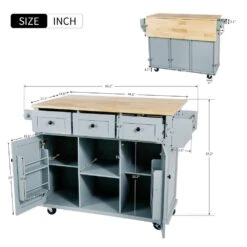 Blue Kitchen Cart With Rubber Wood Drop-Leaf Countertop, 3 Drawers, Cabinet Storage And 5 Wheels -FURITURE SALE SHOP blue tahanbath kitchen carts z wf298028aan c3 1000