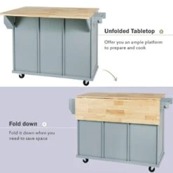Blue Kitchen Cart With Rubber Wood Drop-Leaf Countertop, 3 Drawers, Cabinet Storage And 5 Wheels -FURITURE SALE SHOP blue tahanbath kitchen carts z wf298028aan d4 1000