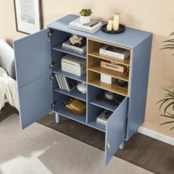 Multifunctional Wooden Storage Cabinet With Doors And Leather-Handle Drawers For Home And Office In Blue -FURITURE SALE SHOP blue tahanbath pantry organizers z w1781p148612 44 1000