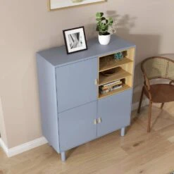 Multifunctional Wooden Storage Cabinet With Doors And Leather-Handle Drawers For Home And Office In Blue -FURITURE SALE SHOP blue tahanbath pantry organizers z w1781p148612 76 1000
