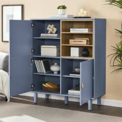 Multifunctional Wooden Storage Cabinet With Doors And Leather-Handle Drawers For Home And Office In Blue -FURITURE SALE SHOP blue tahanbath pantry organizers z w1781p148612 fa 1000