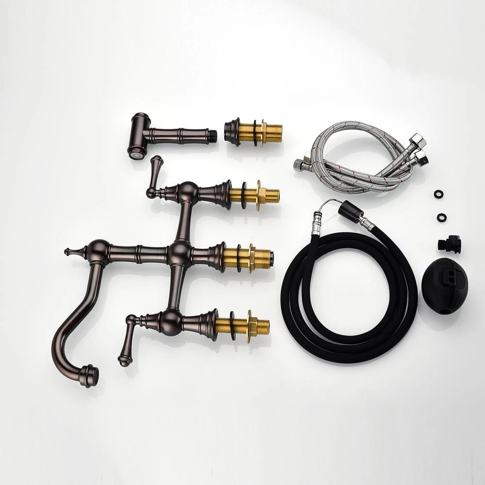 8 In. Double Handle Bridge Kitchen Faucet With Brass Side Sprayer 2-Handles 4-Holes Deck-Mount In Bronze 3 8 In. Double Handle Bridge Kitchen Faucet With Brass Side Sprayer 2-Handles 4-Holes Deck-Mount In Bronze - Image 3