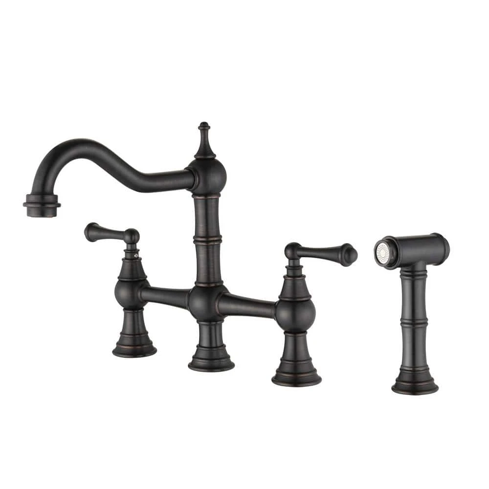 8 In. Double Handle Bridge Kitchen Faucet With Brass Side Sprayer 2-Handles 4-Holes Deck-Mount In Bronze 1 8 In. Double Handle Bridge Kitchen Faucet With Brass Side Sprayer 2-Handles 4-Holes Deck-Mount In Bronze