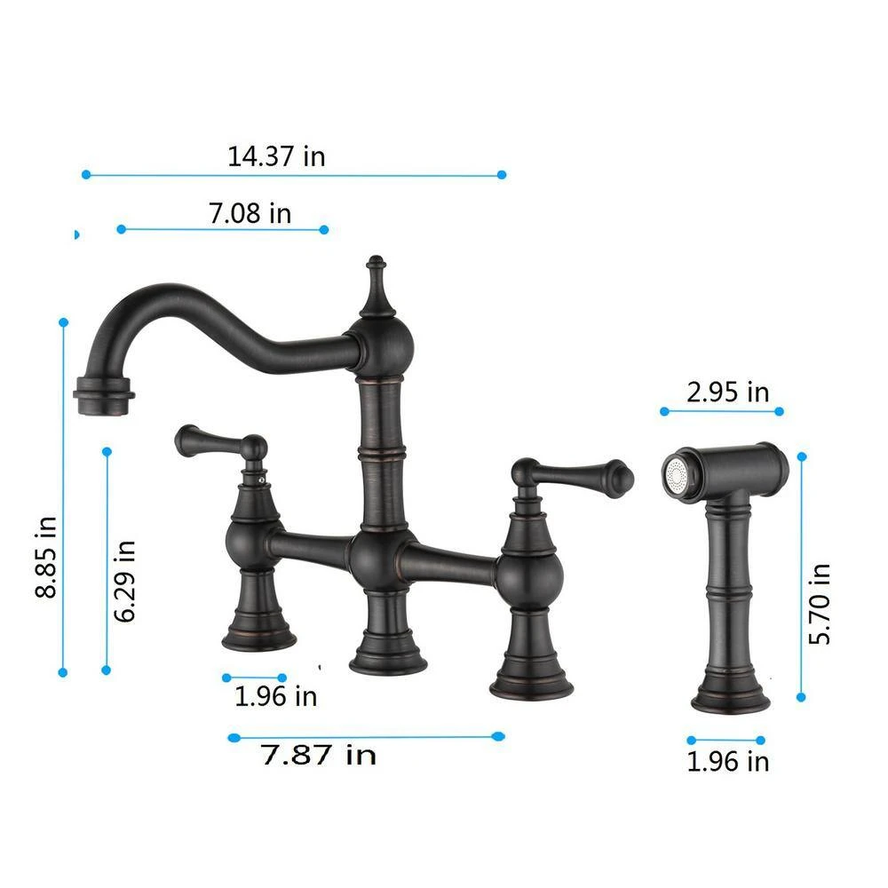 8 In. Double Handle Bridge Kitchen Faucet With Brass Side Sprayer 2-Handles 4-Holes Deck-Mount In Bronze 2 8 In. Double Handle Bridge Kitchen Faucet With Brass Side Sprayer 2-Handles 4-Holes Deck-Mount In Bronze - Image 2