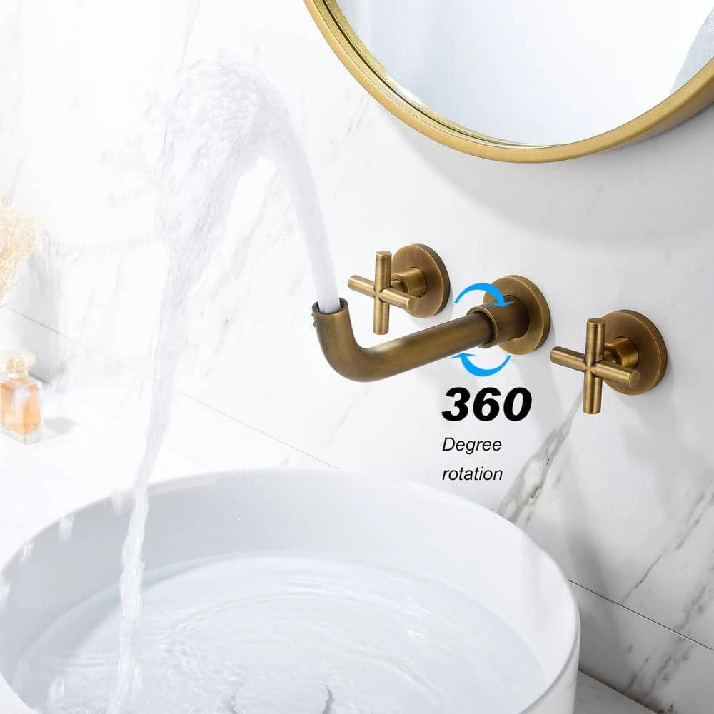 Double Handle Bathroom Faucet Wall Mounted Bathroom Sink Faucet In Bronze 5 Double Handle Bathroom Faucet Wall Mounted Bathroom Sink Faucet In Bronze - Image 5