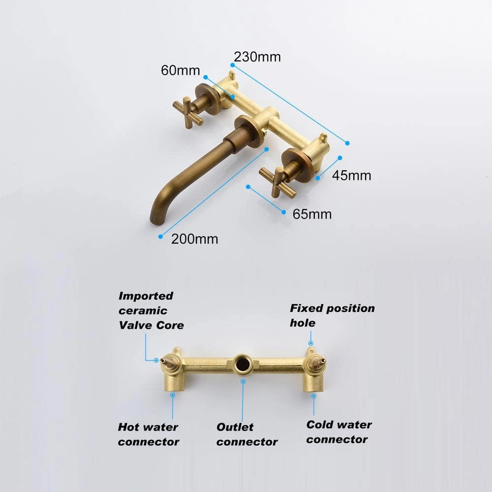 Double Handle Bathroom Faucet Wall Mounted Bathroom Sink Faucet In Bronze 3 Double Handle Bathroom Faucet Wall Mounted Bathroom Sink Faucet In Bronze - Image 3