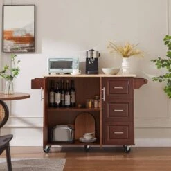 54 In. Portable Wooden Kitchen Cart-3 Drawers, Drop-Leaf Table, Spice/Towel Racks-Small Spaces In Brown -FURITURE SALE SHOP brown tahanbath kitchen carts z w1820138608 31 1000