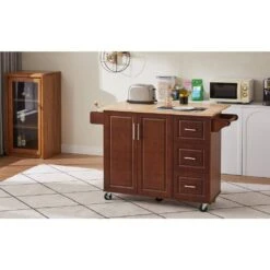 54 In. Portable Wooden Kitchen Cart-3 Drawers, Drop-Leaf Table, Spice/Towel Racks-Small Spaces In Brown -FURITURE SALE SHOP brown tahanbath kitchen carts z w1820138608 44 1000