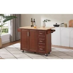 54 In. Portable Wooden Kitchen Cart-3 Drawers, Drop-Leaf Table, Spice/Towel Racks-Small Spaces In Brown -FURITURE SALE SHOP brown tahanbath kitchen carts z w1820138608 4f 1000