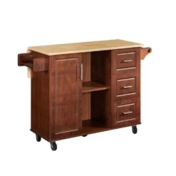 54 In. Portable Wooden Kitchen Cart-3 Drawers, Drop-Leaf Table, Spice/Towel Racks-Small Spaces In Brown