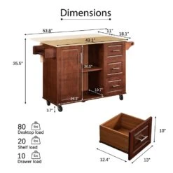 54 In. Portable Wooden Kitchen Cart-3 Drawers, Drop-Leaf Table, Spice/Towel Racks-Small Spaces In Brown -FURITURE SALE SHOP brown tahanbath kitchen carts z w1820138608 c3 1000
