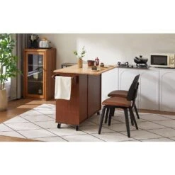54 In. Portable Wooden Kitchen Cart-3 Drawers, Drop-Leaf Table, Spice/Towel Racks-Small Spaces In Brown -FURITURE SALE SHOP brown tahanbath kitchen carts z w1820138608 fa 1000