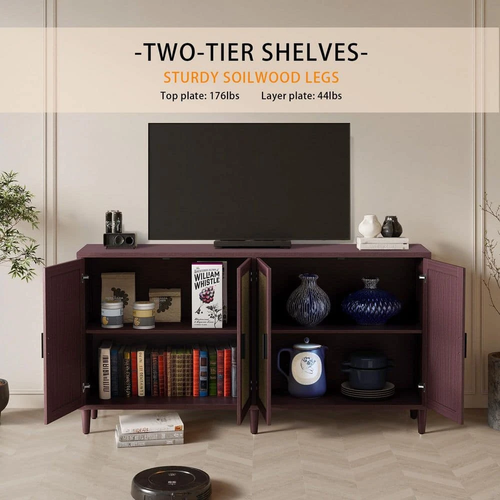 70in. 4-Door Rattan Buffet Cabinet: Adjustable Shelves In Brown 4 70in. 4-Door Rattan Buffet Cabinet: Adjustable Shelves In Brown - Image 4