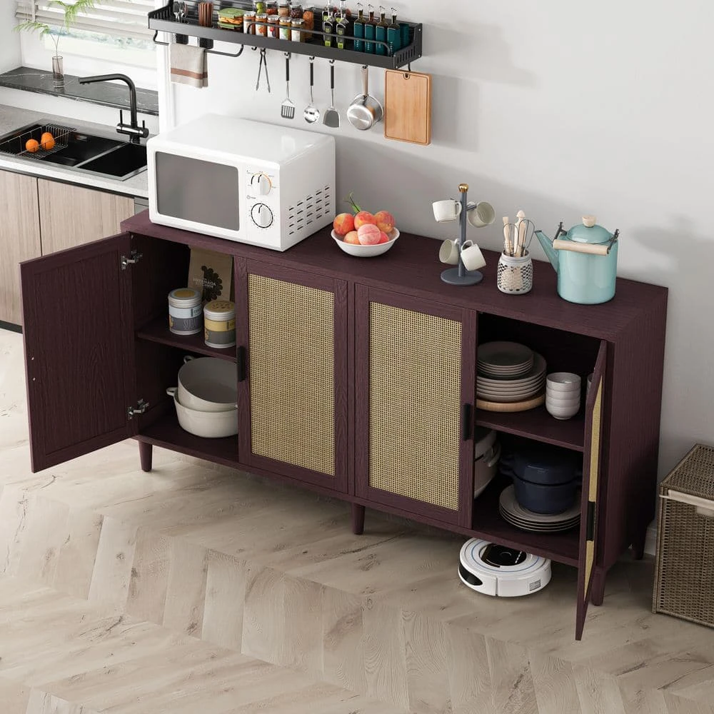 70in. 4-Door Rattan Buffet Cabinet: Adjustable Shelves In Brown 5 70in. 4-Door Rattan Buffet Cabinet: Adjustable Shelves In Brown - Image 5
