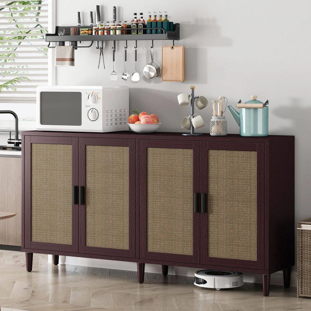 70in. 4-Door Rattan Buffet Cabinet: Adjustable Shelves In Brown 3 70in. 4-Door Rattan Buffet Cabinet: Adjustable Shelves In Brown - Image 3