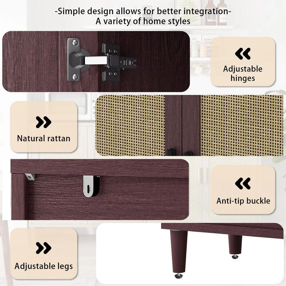 70in. 4-Door Rattan Buffet Cabinet: Adjustable Shelves In Brown 2 70in. 4-Door Rattan Buffet Cabinet: Adjustable Shelves In Brown - Image 2