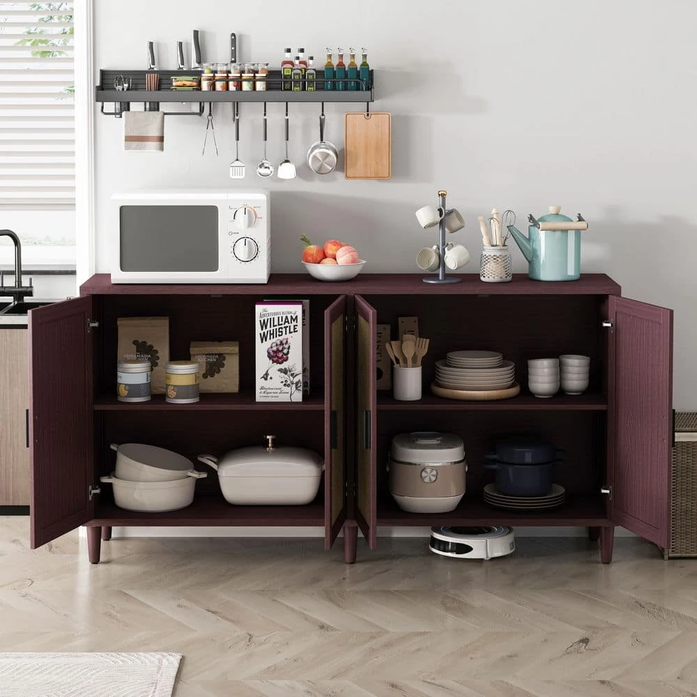 70in. 4-Door Rattan Buffet Cabinet: Adjustable Shelves In Brown 6 70in. 4-Door Rattan Buffet Cabinet: Adjustable Shelves In Brown - Image 6