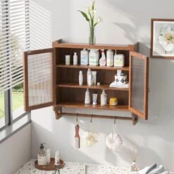 24.8 In. Vintage Brown Triple-Tier Glass Door Wall Cabinet With Towel Rack For Multiple Rooms -FURITURE SALE SHOP brown tahanbath pantry organizers z w757p170144 31 1000