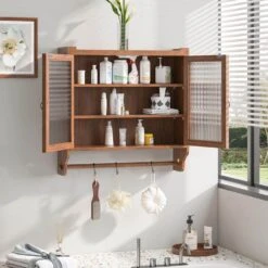 24.8 In. Vintage Brown Triple-Tier Glass Door Wall Cabinet With Towel Rack For Multiple Rooms