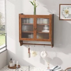 24.8 In. Vintage Brown Triple-Tier Glass Door Wall Cabinet With Towel Rack For Multiple Rooms -FURITURE SALE SHOP brown tahanbath pantry organizers z w757p170144 76 1000
