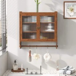 24.8 In. Vintage Brown Triple-Tier Glass Door Wall Cabinet With Towel Rack For Multiple Rooms -FURITURE SALE SHOP brown tahanbath pantry organizers z w757p170144 fa 1000