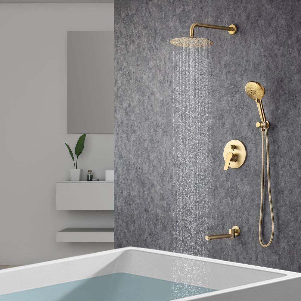 Single Handle 3-Spray High Pressure Tub And Shower Faucet Combo With Tub Spout In Brushed Gold (Valve Included) 2 Single Handle 3-Spray High Pressure Tub And Shower Faucet Combo With Tub Spout In Brushed Gold (Valve Included) - Image 2