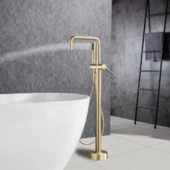 1-Handle Freestanding Tub Faucet With Hand Shower With Waterfall In Brushed Gold 19 1-Handle Freestanding Tub Faucet With Hand Shower With Waterfall In Brushed Gold -FURITURE SALE SHOP brushed gold claw foot tub faucets q pzz 8008lsj 31 1000